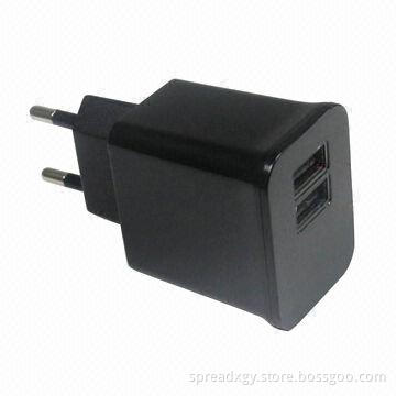 USB Charger Adapter with EU Plug and Dual USB Port Output, 100 to 240V Input and 5.0V DC/2.1A Output